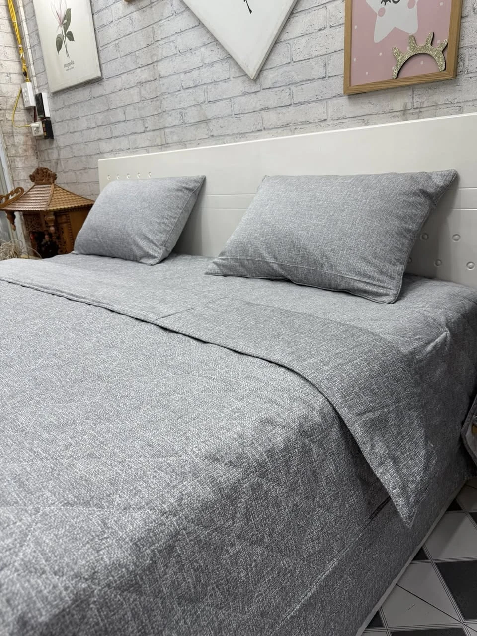 Bộ chăn ga gối phủ Lụa Modal Hàn Quốc vân xước ghi phối ghi