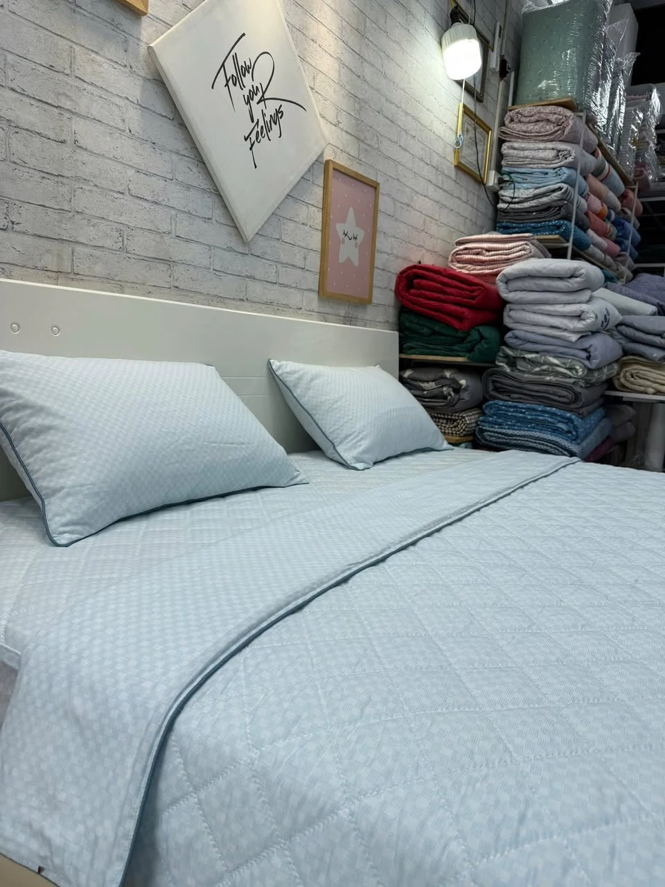 Bộ chăn ga gối Lụa Modal Hàn Quốc xanh nhạt mát mềm mịn