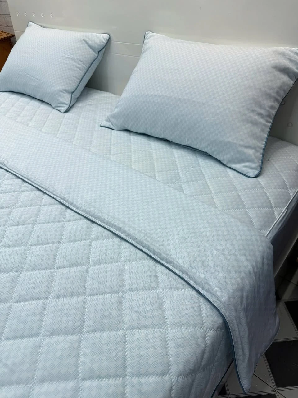 Bộ chăn ga gối Lụa Modal Hàn Quốc xanh nhạt mát mềm mịn