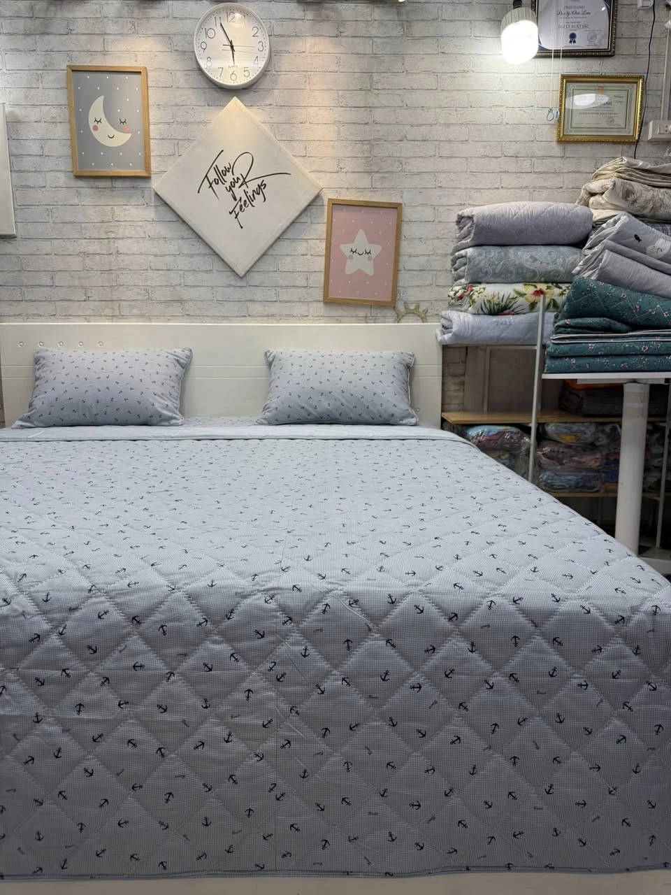 Bộ chăn ga gối cotton Hàn Quốc Mỏ neo ghi xanh xjnh lắm ạ.