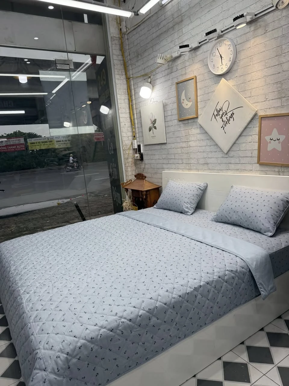 Bộ chăn ga gối cotton Hàn Quốc Mỏ neo ghi xanh xjnh lắm ạ.