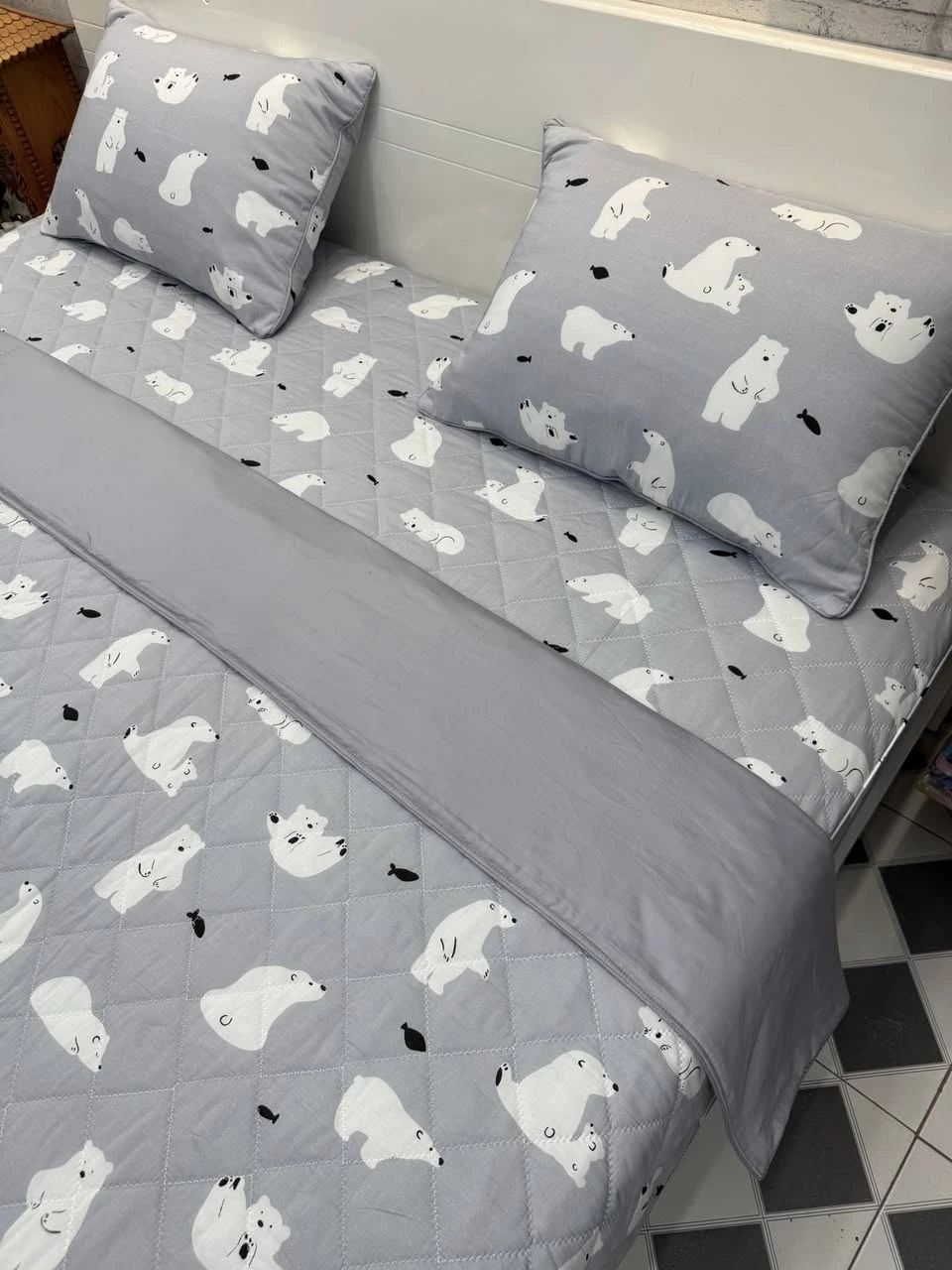 Bộ chăn ga gối Lụa Modal Hàn Quốc chăn ga gối hình gấu Bắc cực