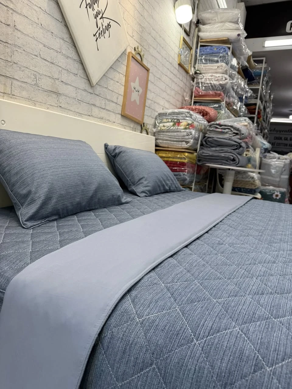 Bộ chăn ga gối Lụa Modal Hàn Quốc kẻ vân xanh xjnh lắm