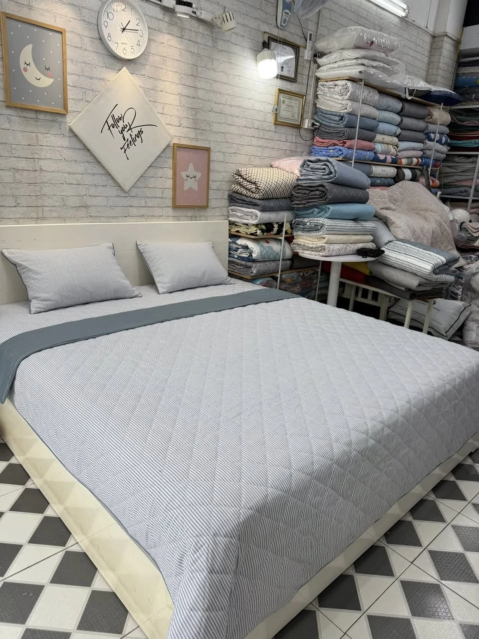 Bộ chăn ga gối Lụa Modal Hàn Quốc kẻ tăm ghi modal