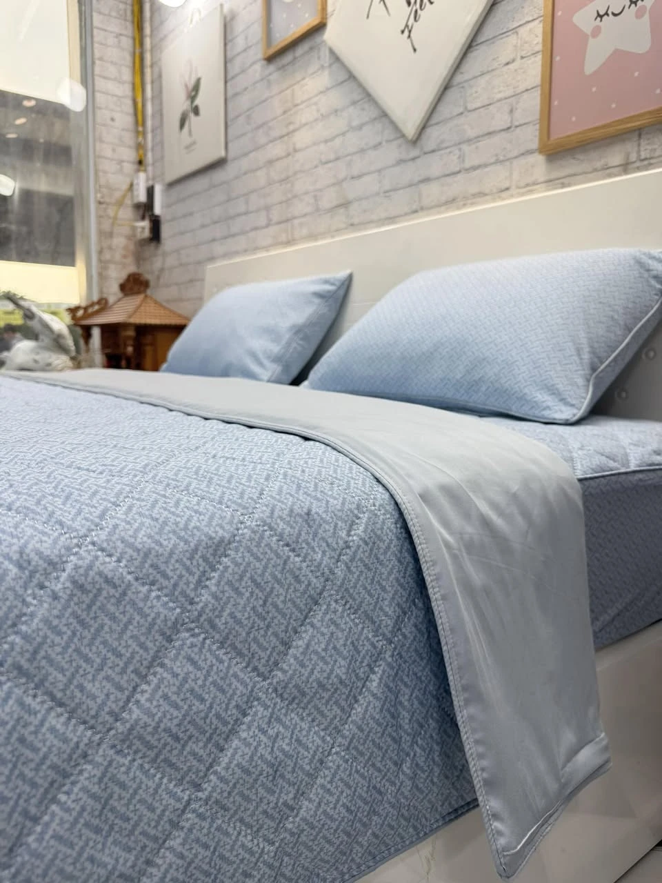 Bộ chăn ga gối Lụa Modal Hàn Quốc mẫu gạch xanh xjnh xắn . Mềm mịn mát.