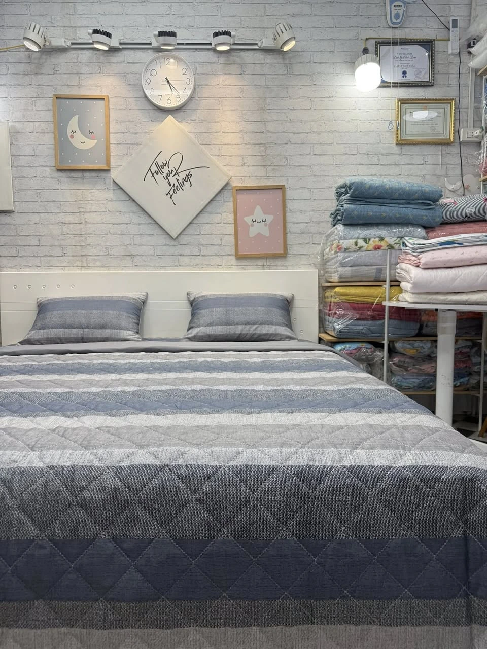 Bộ chăn ga gối cotton Hàn Quốc kẻ ghi xanh tím than