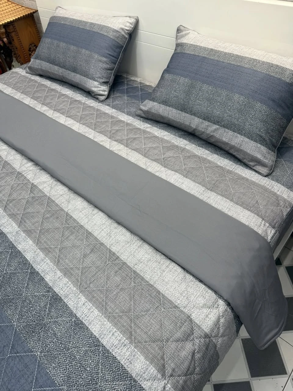 Bộ chăn ga gối cotton Hàn Quốc kẻ ghi xanh tím than