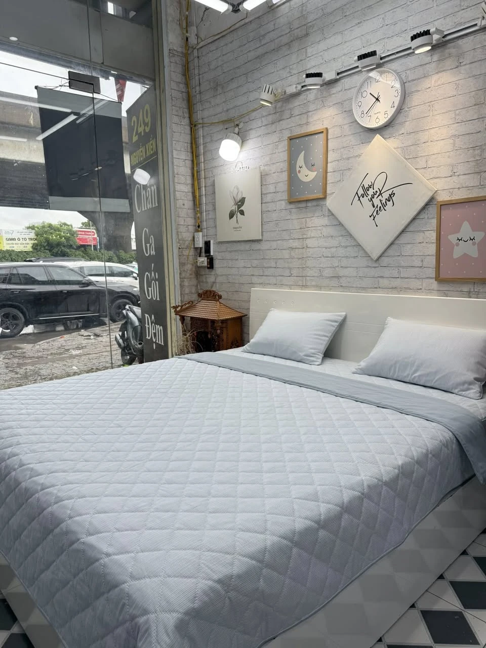 Bộ chăn ga gối Lụa Modal Hàn Quốc kẻ xanh nhạt phối xanh đá