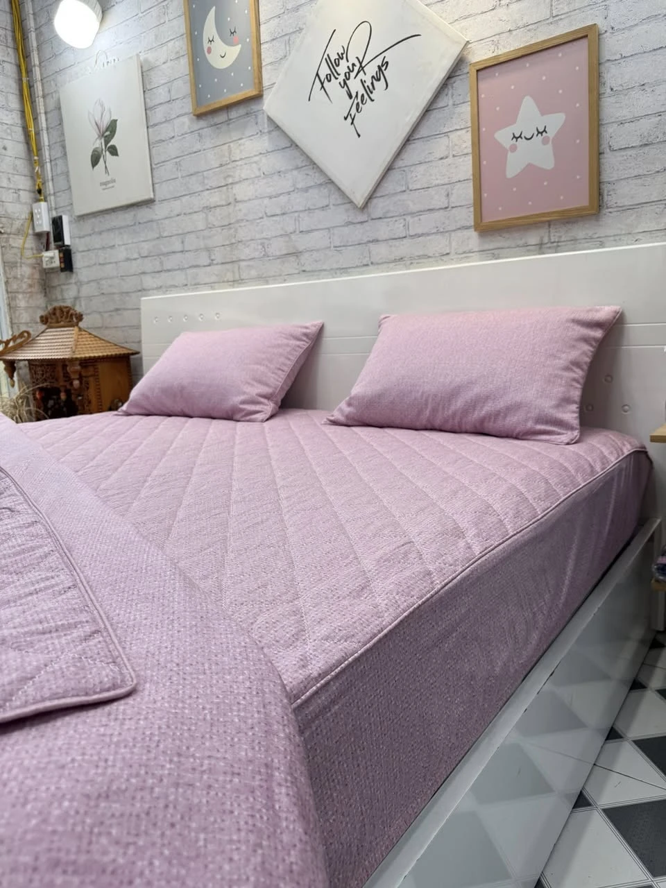 Bộ chăn ga gối Lụa Modal Hàn Quốc Vân Hồng tím xjnh xắn