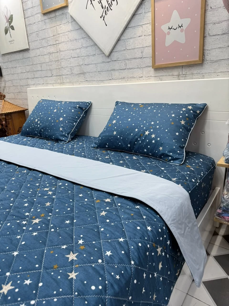 Bộ chăn ga gối cotton Hàn Quốc mẫu sao nền xanh