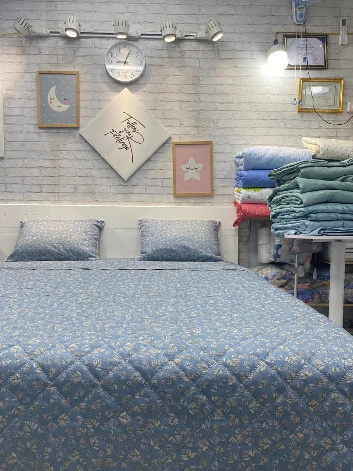 Bộ chăn ga gối cotton Hàn Quốc  lá xjnh xắn nền xanh ạ.