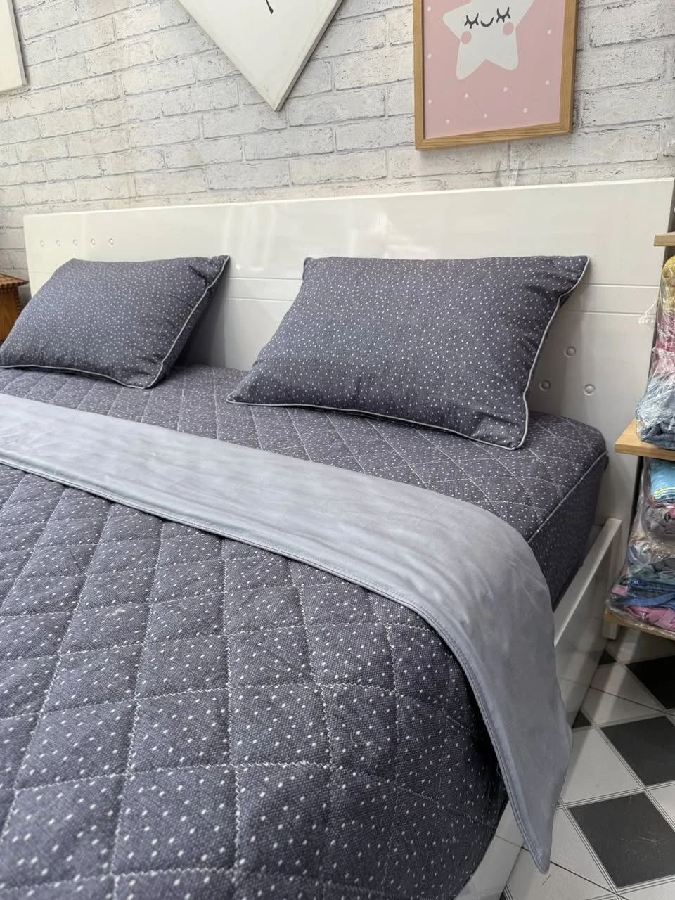 Bộ chăn ga gối cotton Hàn Quốc chấm bi vân xước ghi