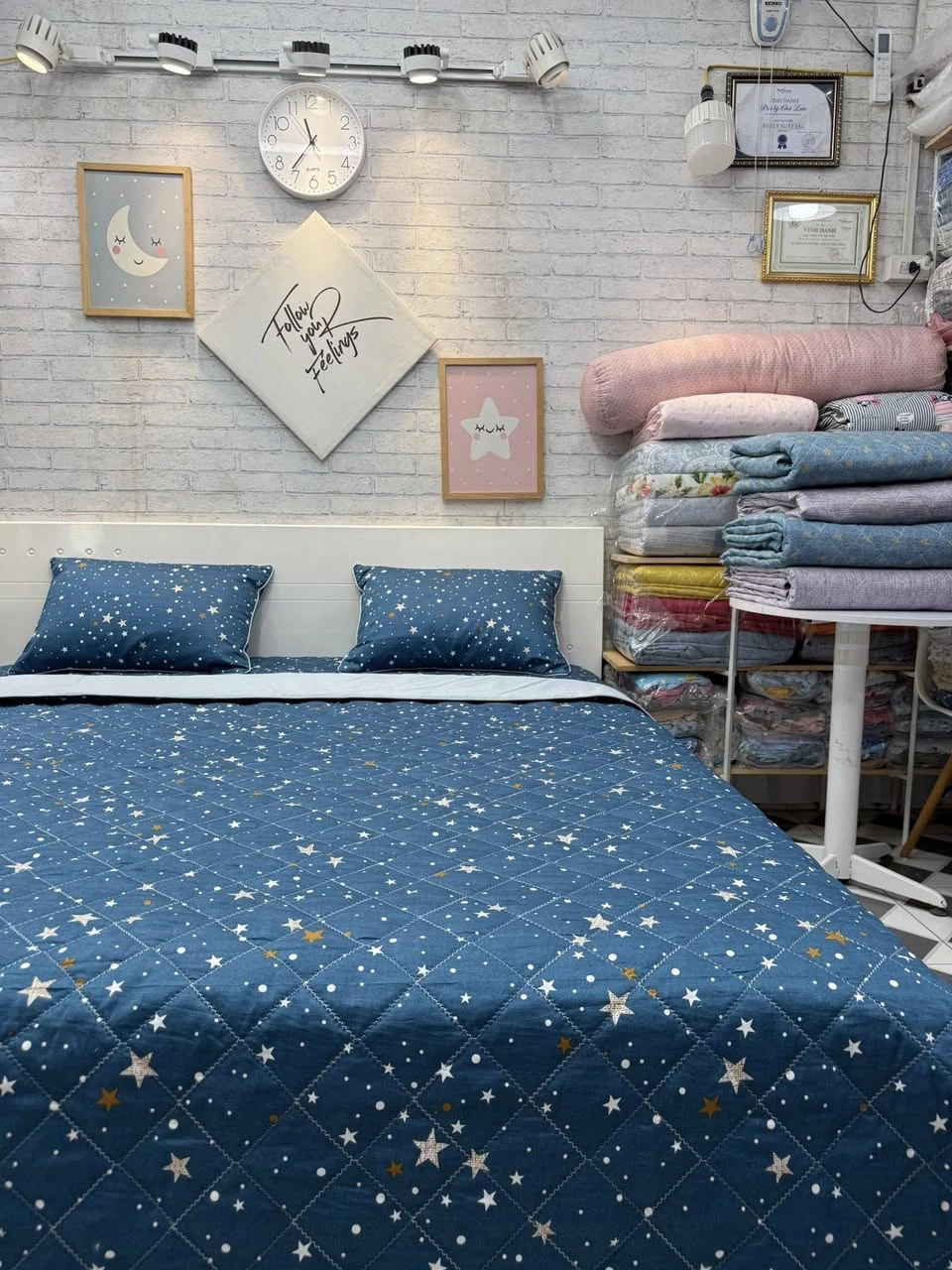 Bộ chăn ga gối cotton Hàn Quốc mẫu sao nền xanh