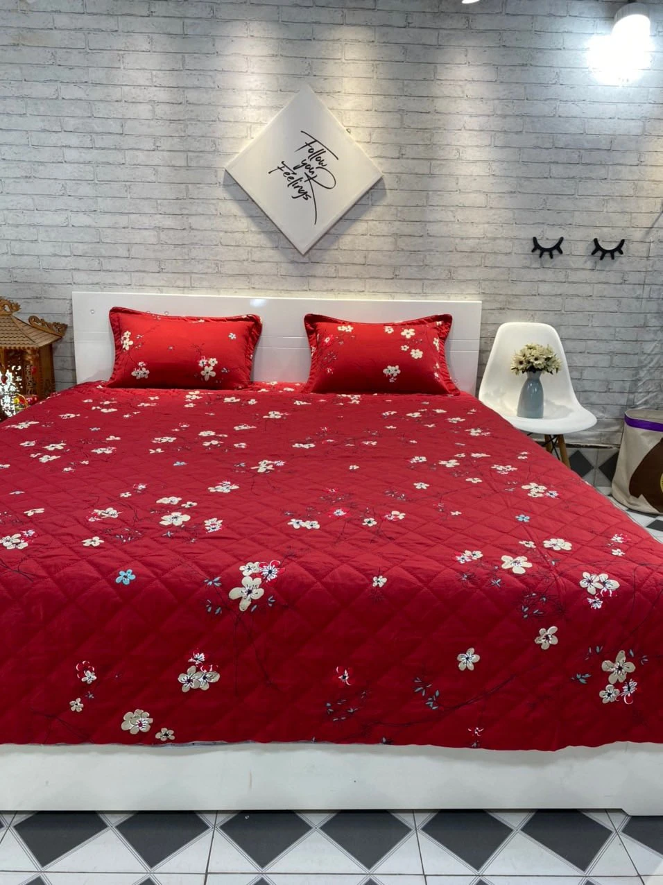 Bộ chăn ga gối Lụa Modal Hàn Quốc hoa đỏ