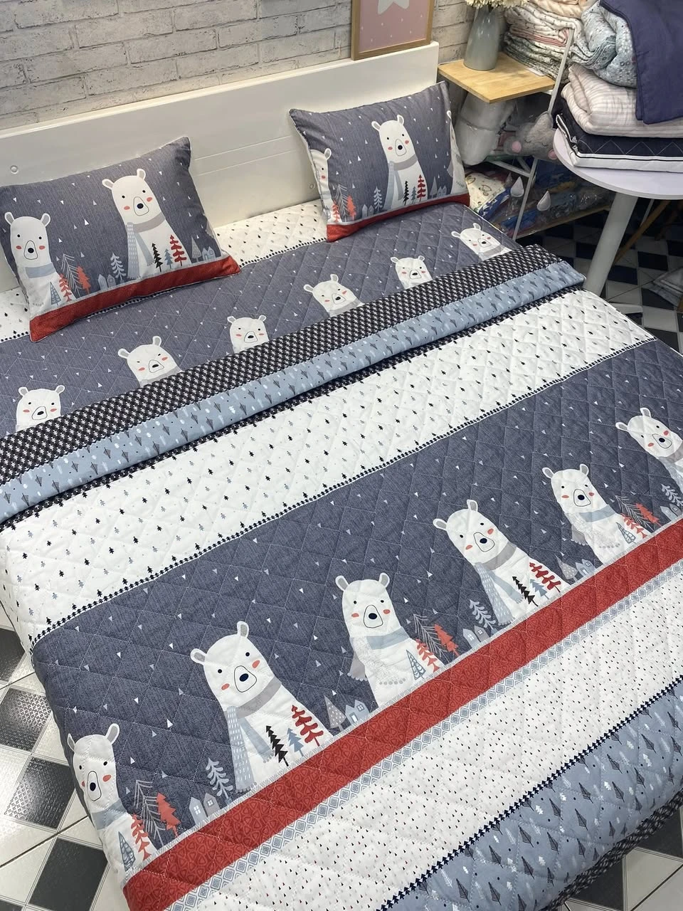 Bộ chăn ga gối cotton Hàn Quốc Gấu Bắc xjnh xắn lắm ạ