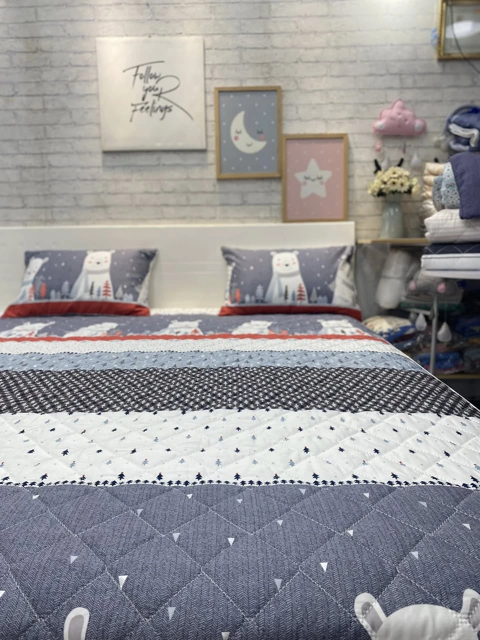 Bộ chăn ga gối cotton Hàn Quốc Gấu Bắc xjnh xắn lắm ạ