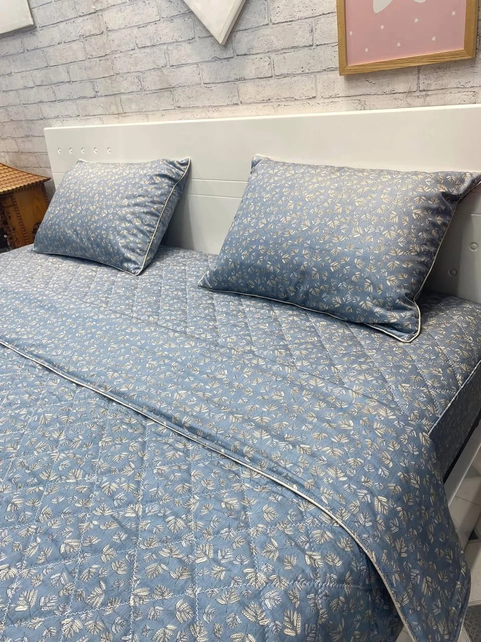 Bộ chăn ga gối cotton Hàn Quốc  lá xjnh xắn nền xanh ạ.