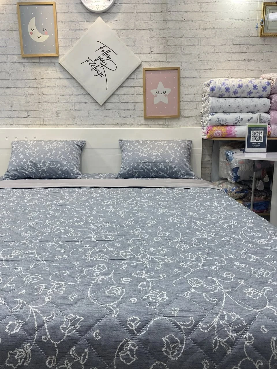 Bộ chăn ga gối cotton Hàn Quốc hoa văn ghi sang trọng