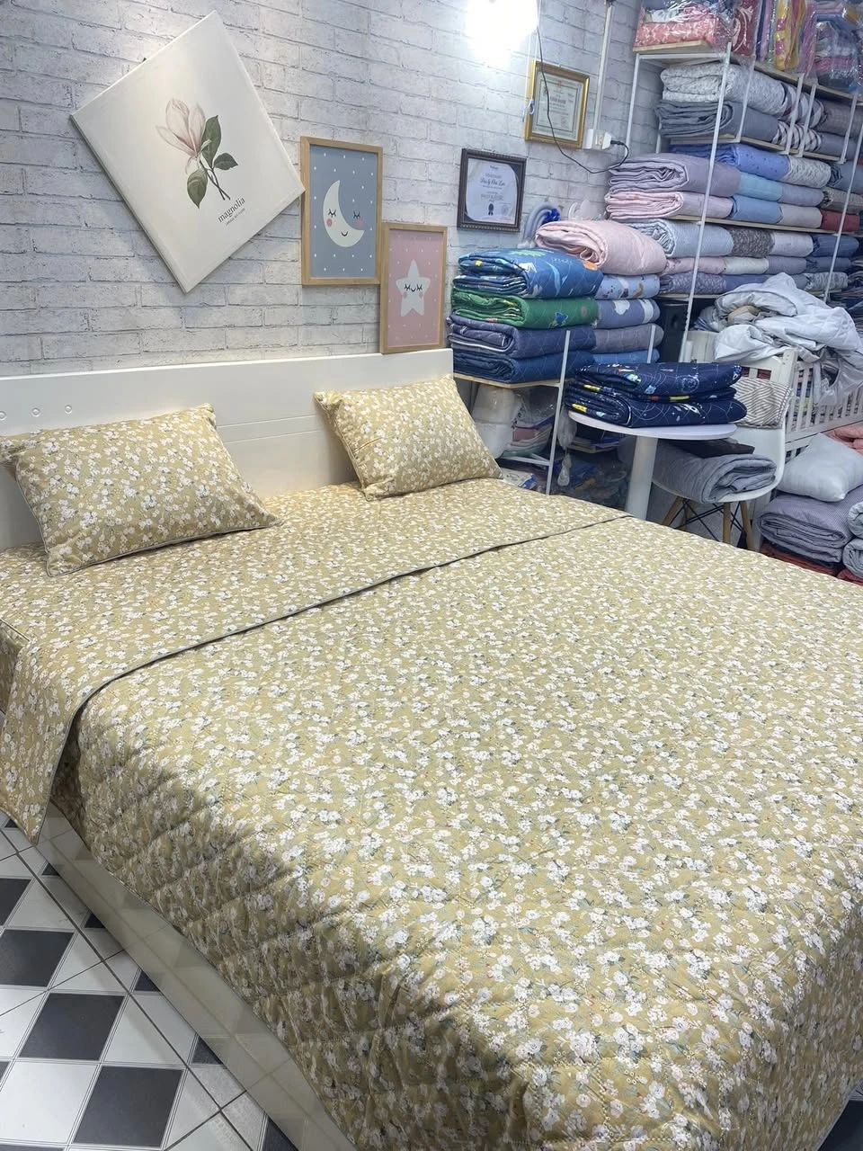 Bộ chăn ga gối cotton Hàn Quốc  hoa nhí vàng