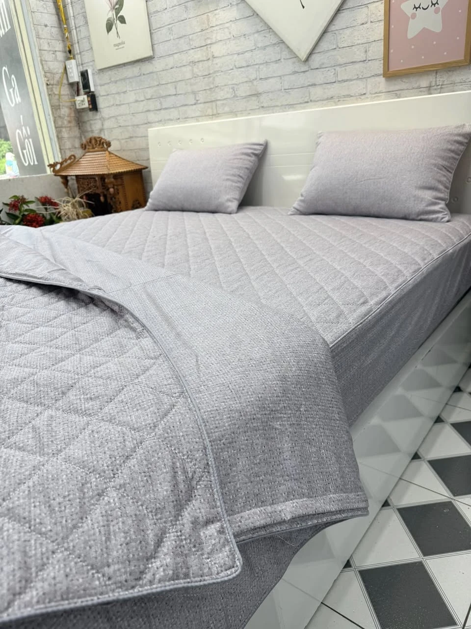 Bộ chăn ga gối Lụa Modal Hàn Quốc vân tím pastel xjnh xắn lắm ah.