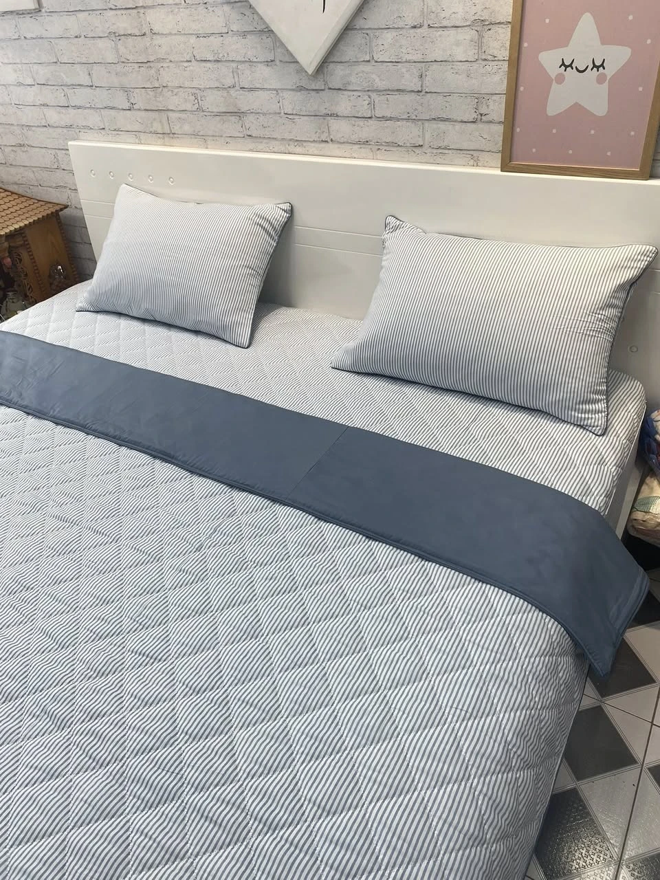 Bộ chăn ga gối Lụa Modal Hàn Quốc kẻ xanh phối xanh tím than