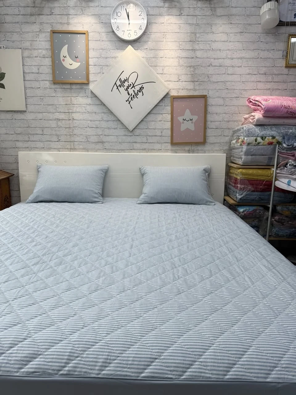 Set gồm 1 ga chun chần bông + 2 vỏ gối nằm 45*65cm. kẻ xanh ghi xjnh lắm.