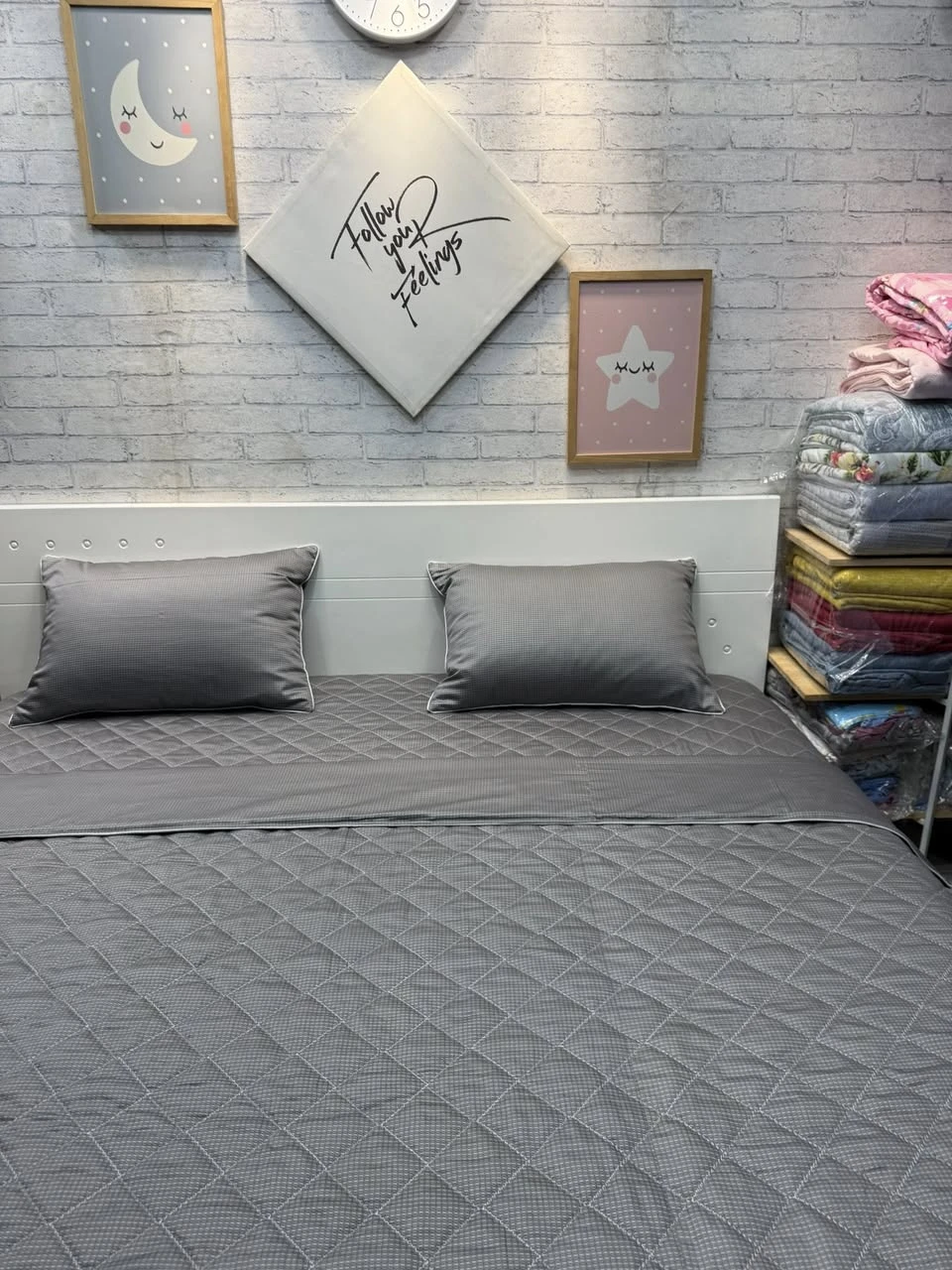 Bộ chăn ga gối cotton Hàn Quốc hoạ tiết xám