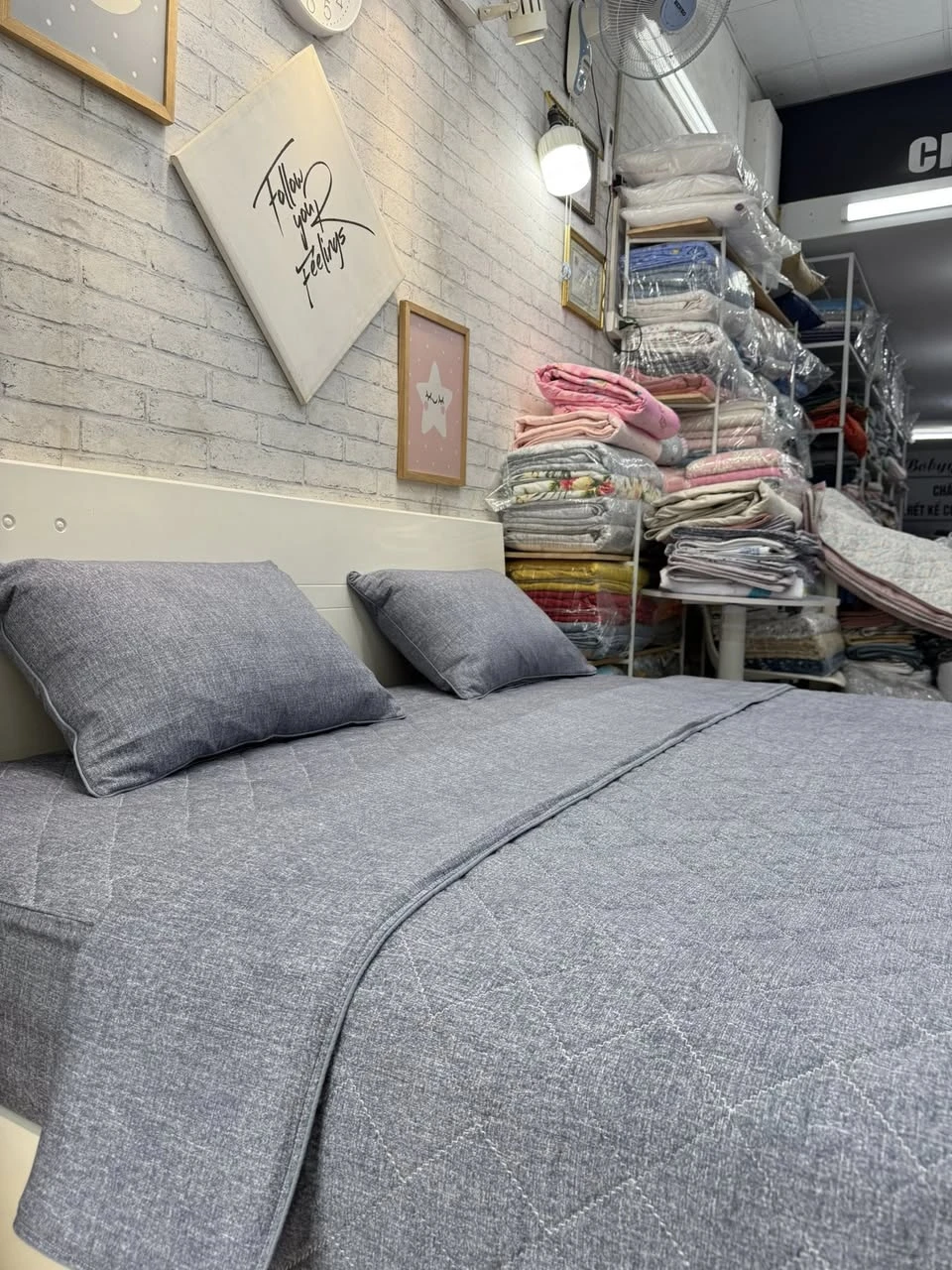 Bộ chăn ga gối Lụa Modal Hàn Quốc vân xám xanh đẹp lắm ạ