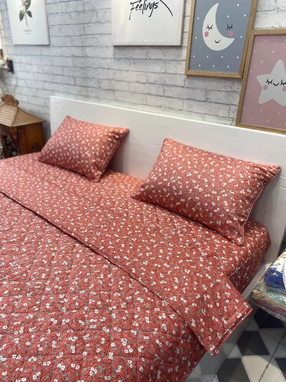 Bộ chăn ga gối cotton Hàn Quốc hoa nhí vàng nâu