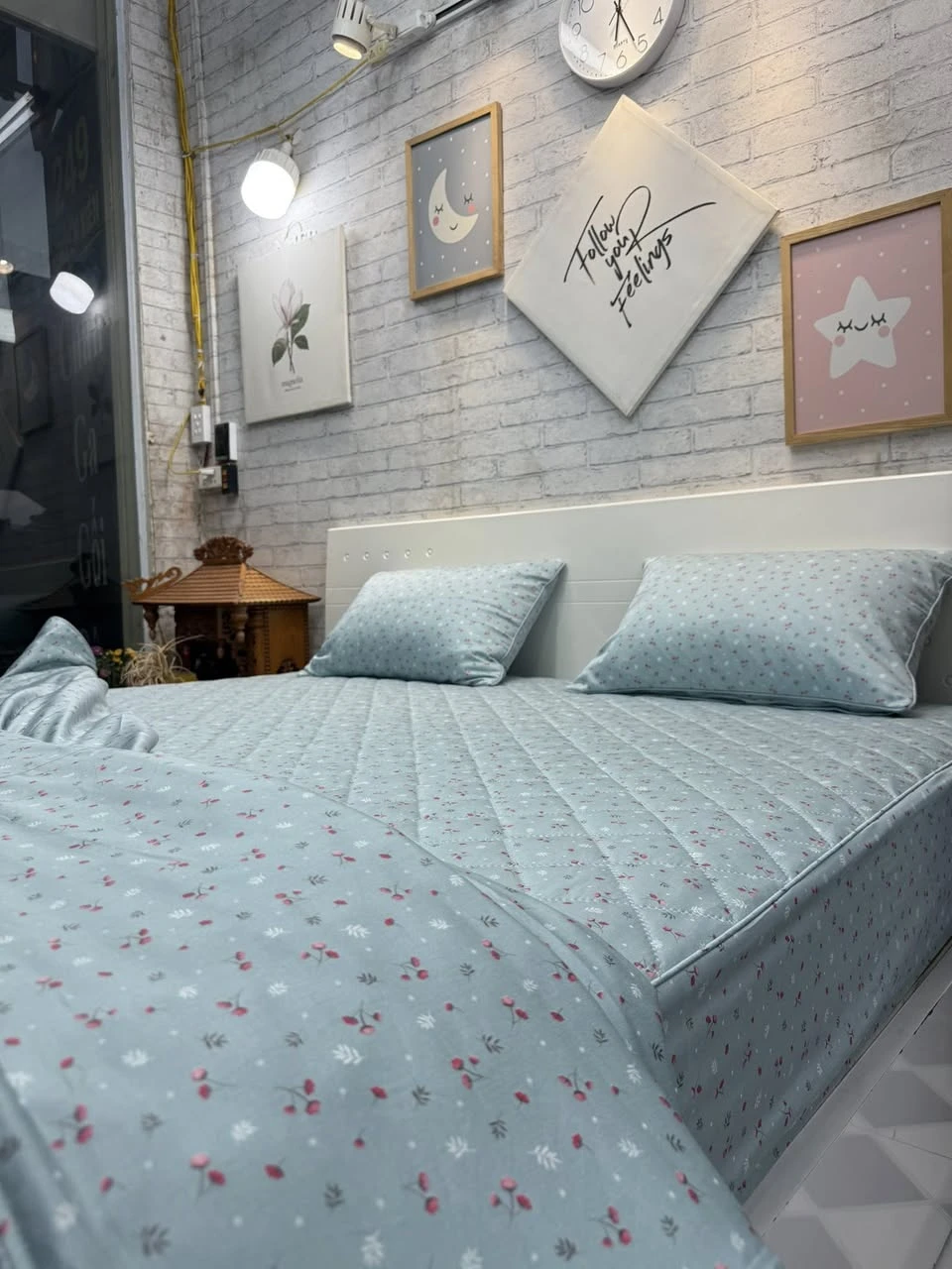 Bộ chăn ga gối Lụa Modal Hàn Quốc Hoa nhí xanh xjnh lắm