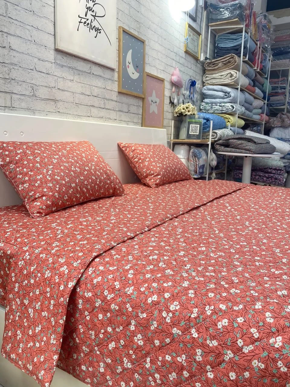 Bộ chăn ga gối cotton Hàn Quốc hoa nhí vàng nâu