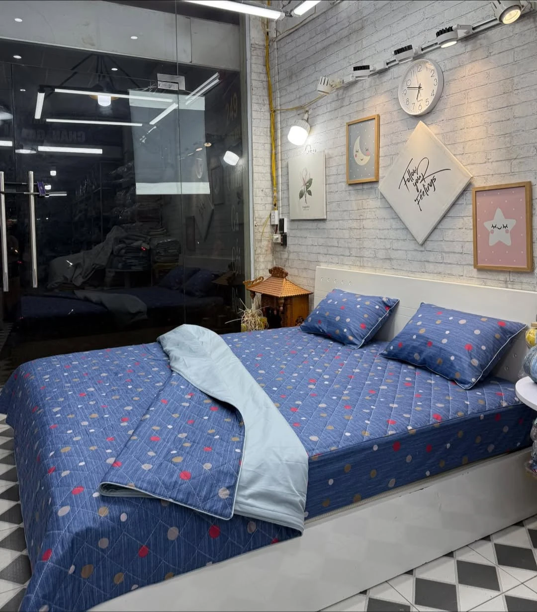 Bộ chăn ga gối cotton Hàn Quốc set chấm bi xanh, cotton Hàn Quốc mềm mịn mát.