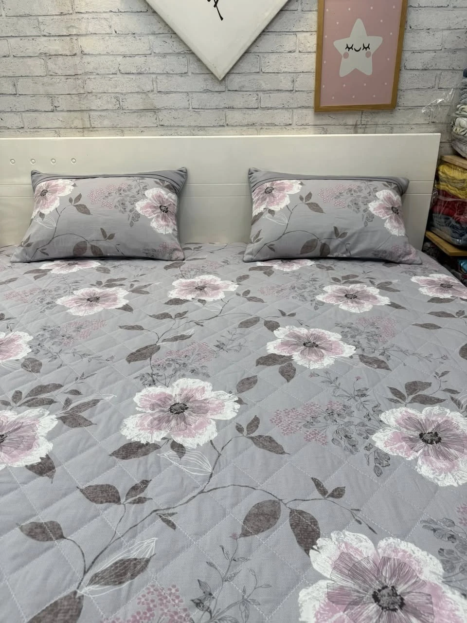 Bộ chăn ga gối cotton Hàn Quốc Mẫu hoa ghi +