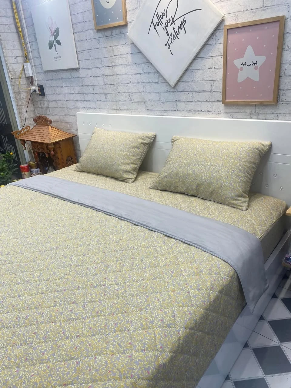 Bộ chăn ga gối Lụa Modal Hàn Quốc lá vàng xjnh xắn lắm ah