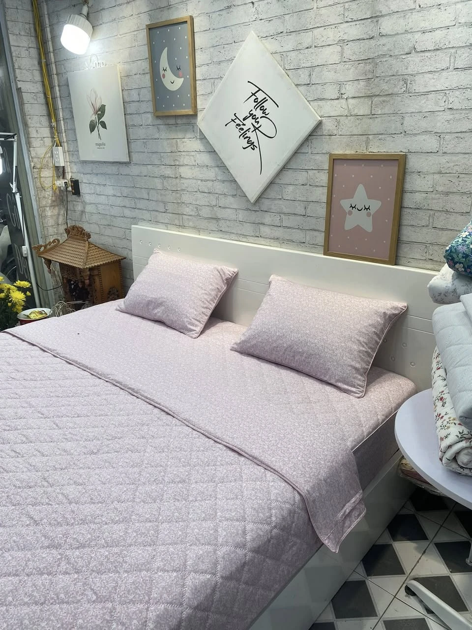 Bộ chăn ga gối cotton Hàn Quốc hoa nhí hồng heart