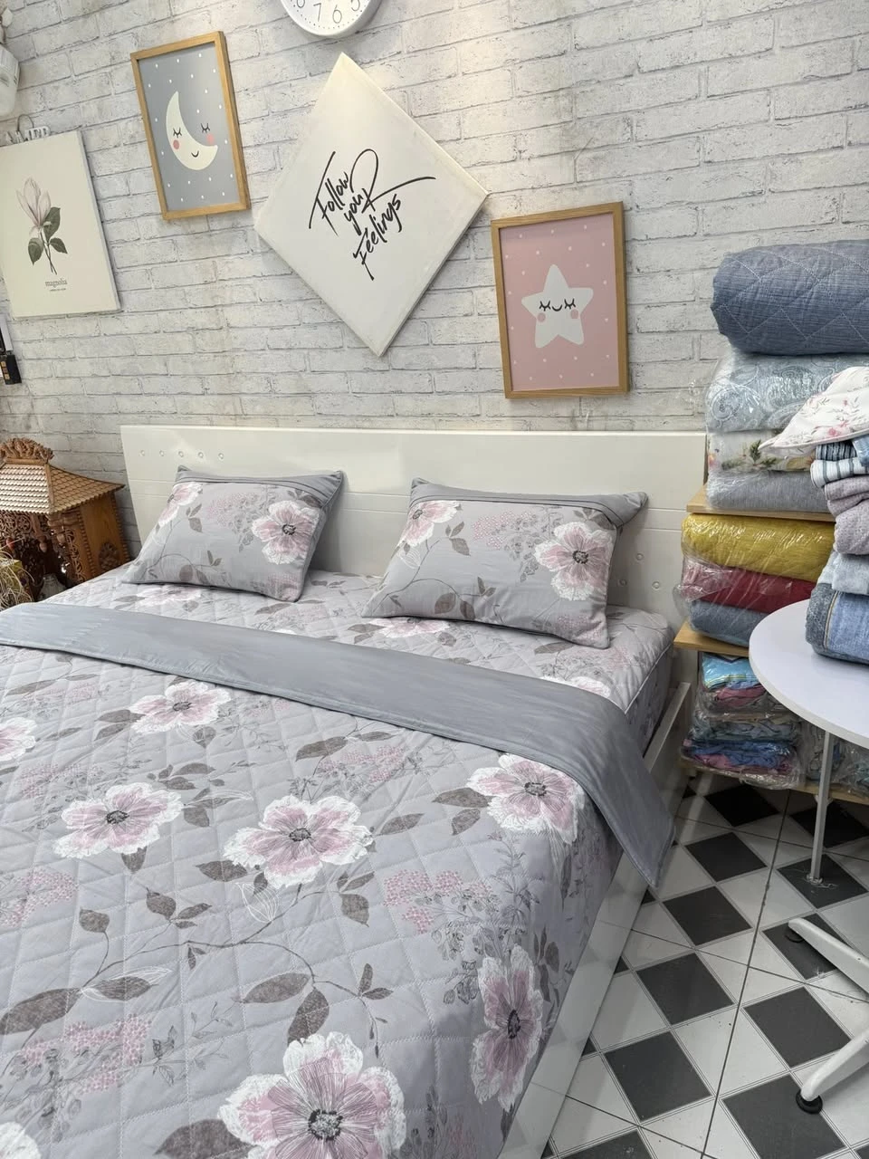 Bộ chăn ga gối cotton Hàn Quốc Mẫu hoa ghi +