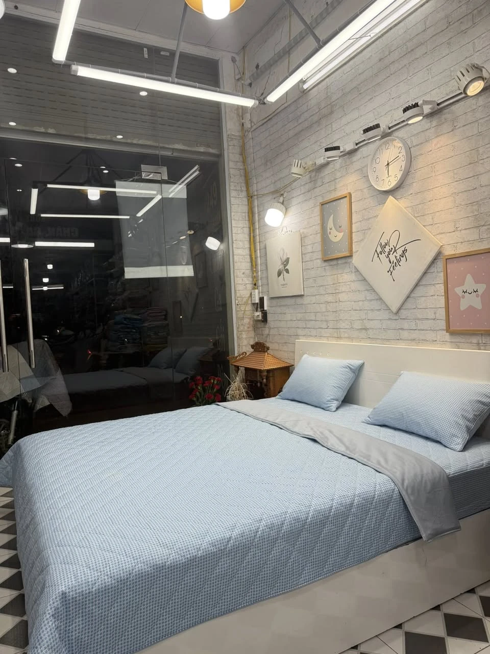 Bộ chăn ga gối cotton Hàn Quốc chấm bi xanh