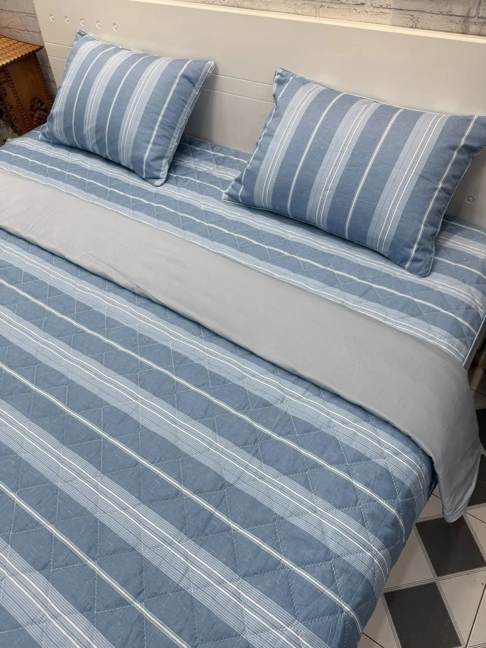 Bộ chăn ga gối cotton Hàn Quốc Mẫu kẻ xanh