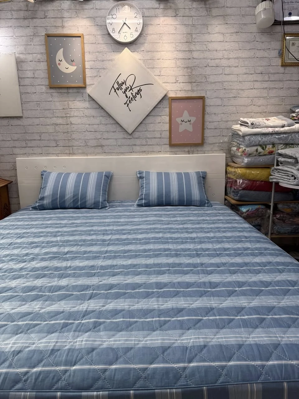 Bộ chăn ga gối cotton Hàn Quốc Mẫu kẻ xanh