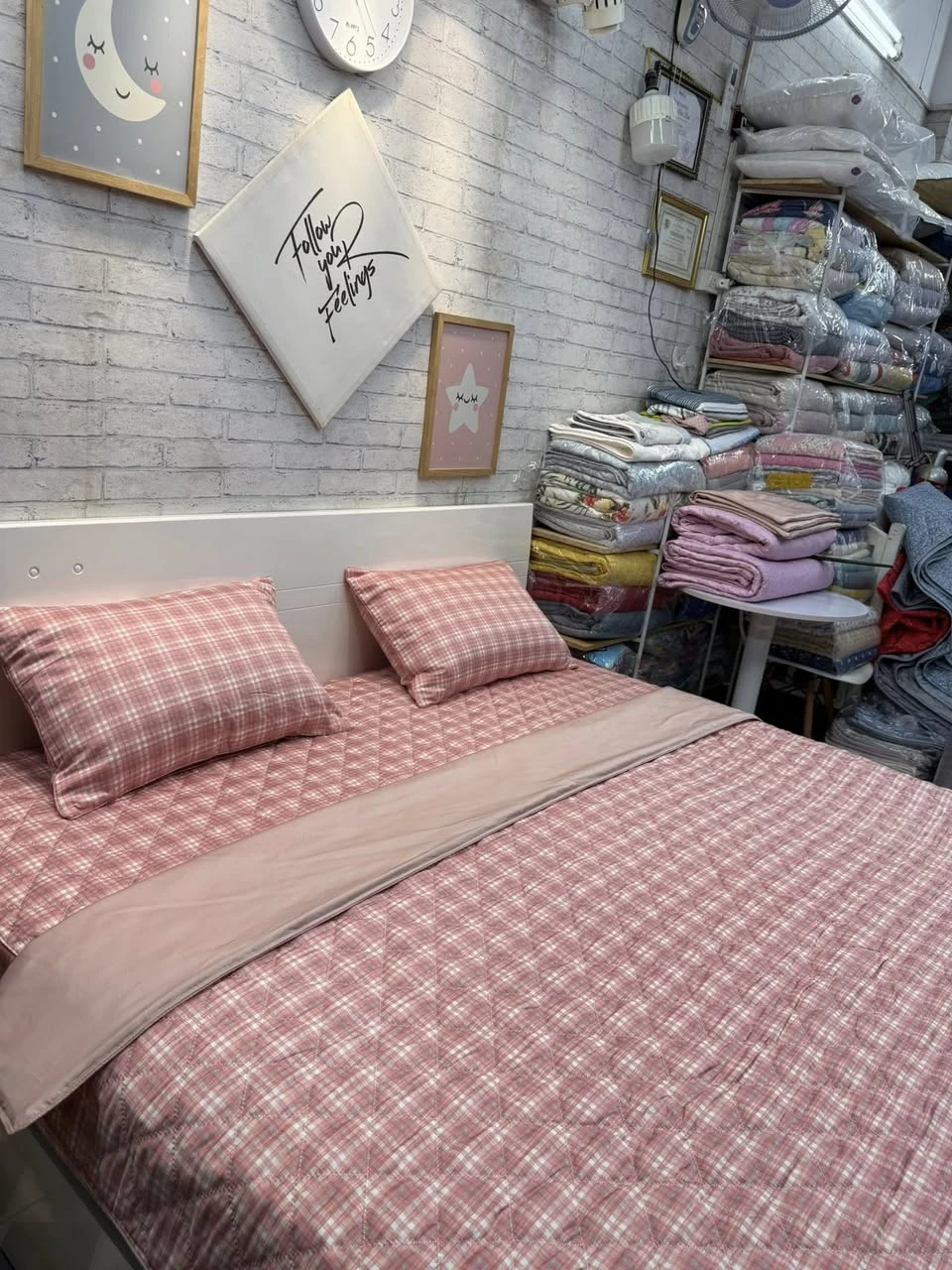 Bộ chăn ga gối cotton Hàn Quốc  caro hồng cam xjnh lắm ah