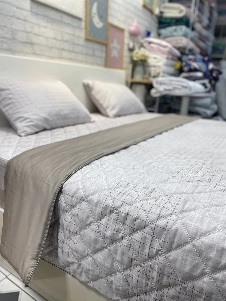 Bộ chăn ga gối cotton Hàn Quốc kẻ ô vuông ghi hồng