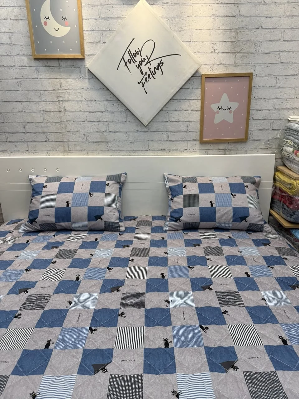 Bộ chăn ga gối cotton Hàn Quốc mẫu Happy cats caro xjnh xắn lắm luôn