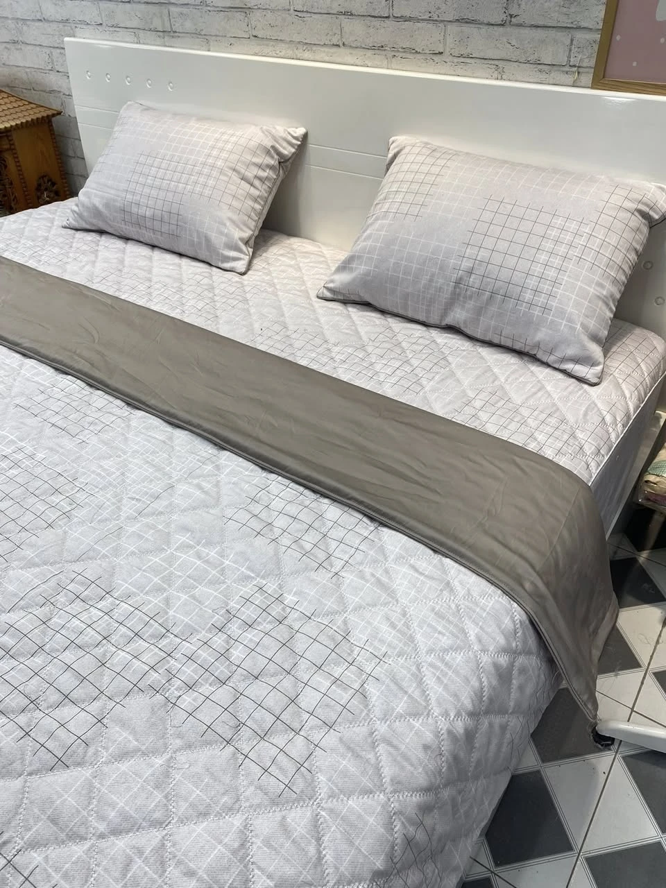 Bộ chăn ga gối cotton Hàn Quốc kẻ ô vuông ghi hồng