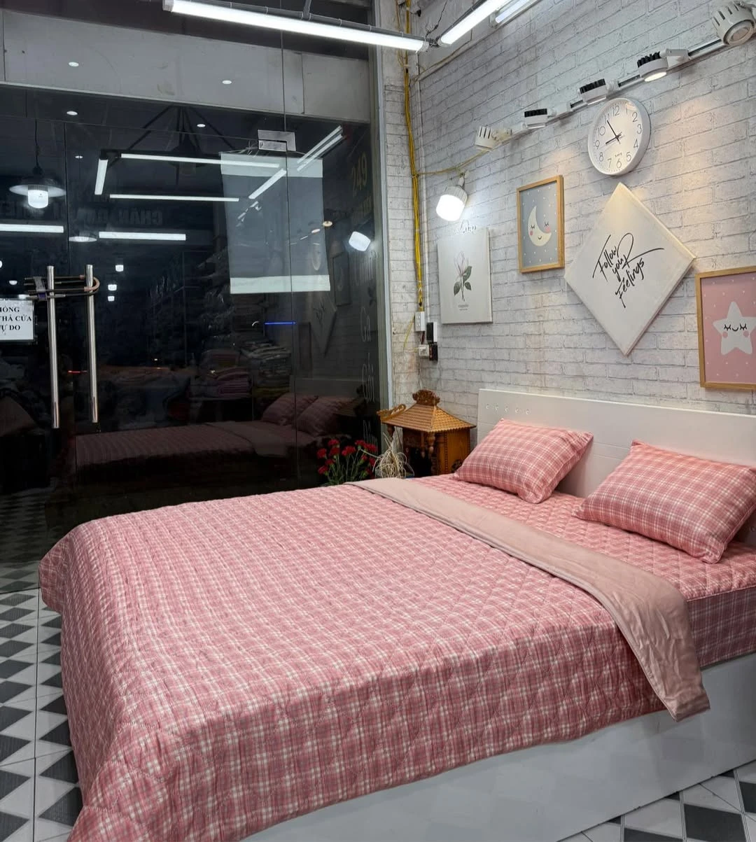 Bộ chăn ga gối cotton Hàn Quốc  caro hồng cam xjnh lắm ah