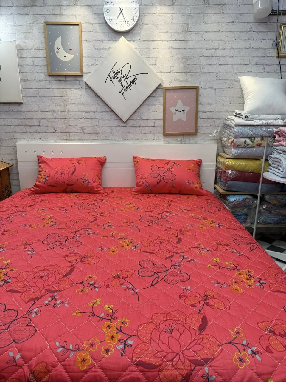 Bộ chăn ga gối cotton Hàn Quốc hoa đỏ