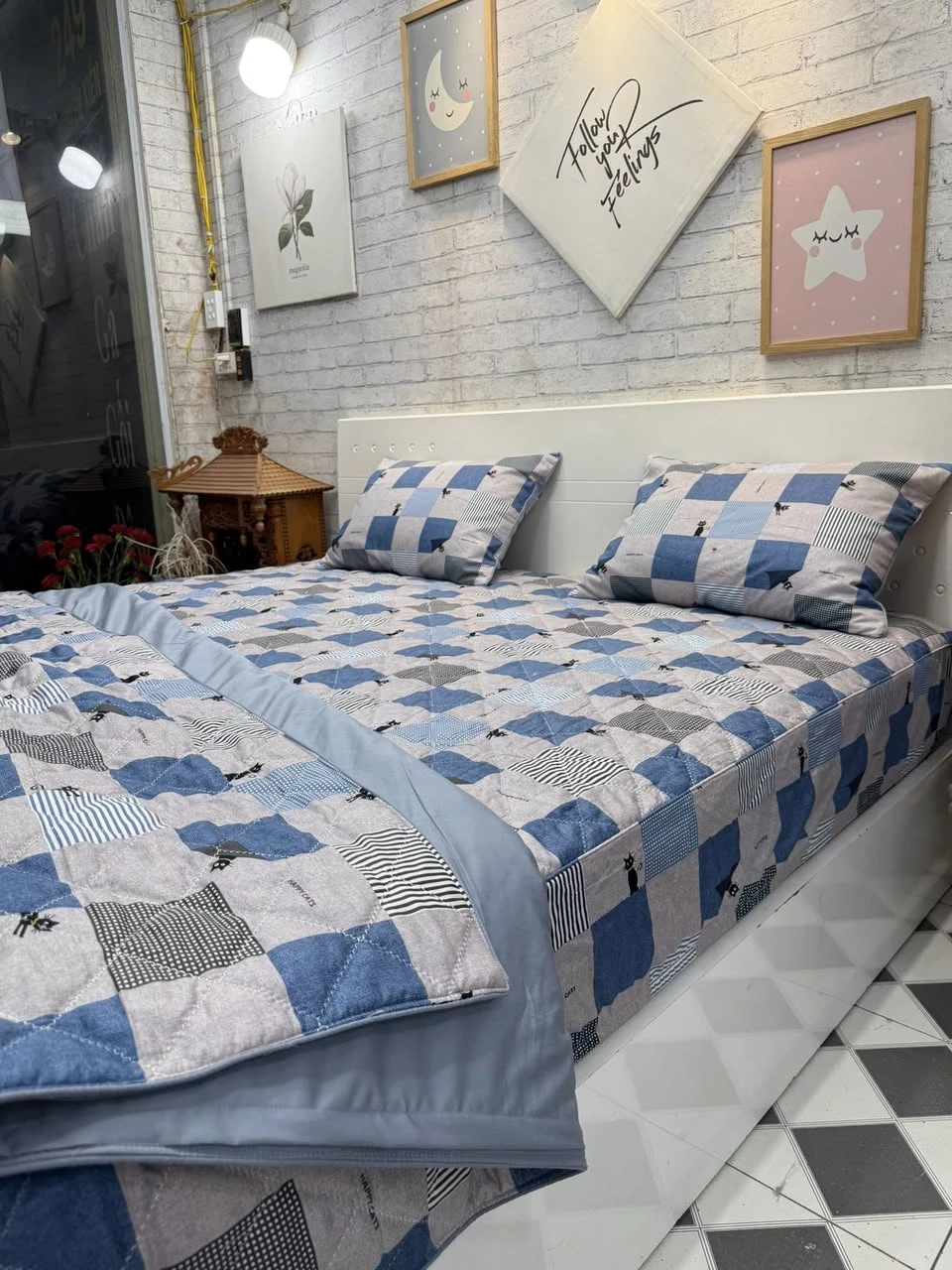 Bộ chăn ga gối cotton Hàn Quốc mẫu Happy cats caro xjnh xắn lắm luôn