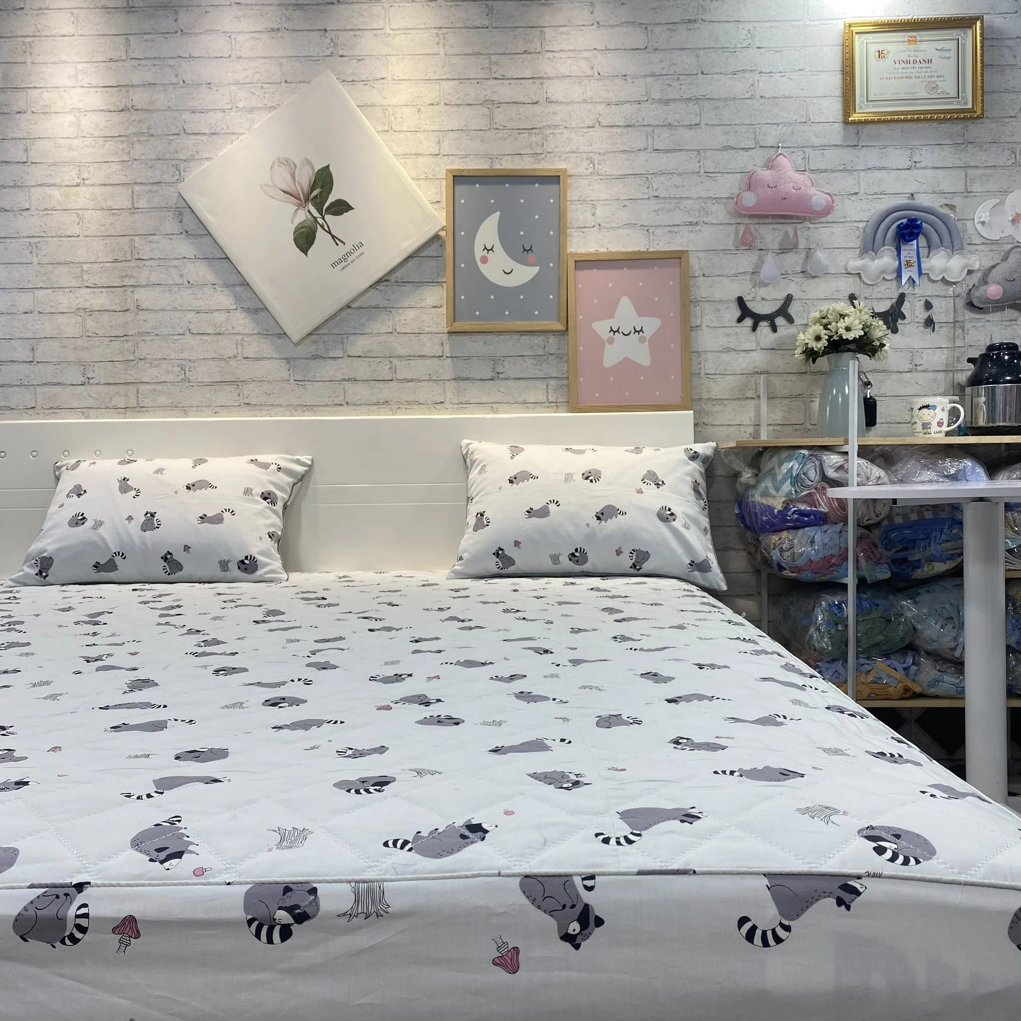 Bộ chăn ga gối cotton Hàn Quốc sóc ghi