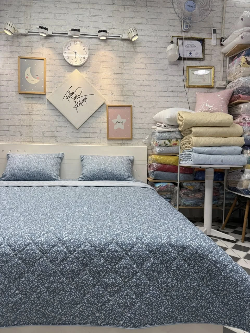 Bộ chăn ga gối cotton Hàn Quốc  lá nhí xanh xjnh xắn lắm ah.