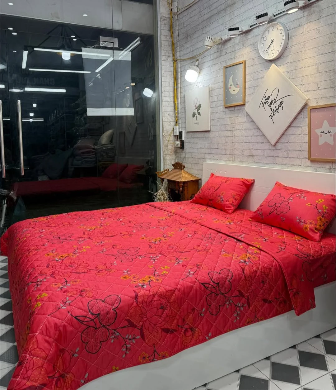 Bộ chăn ga gối cotton Hàn Quốc hoa đỏ