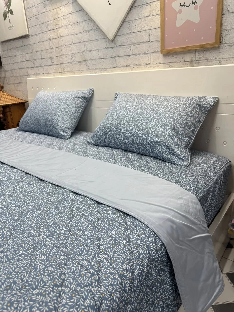 Bộ chăn ga gối cotton Hàn Quốc  lá nhí xanh xjnh xắn lắm ah.